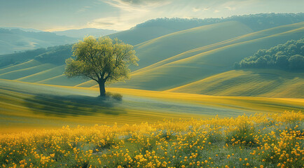 Poster - Landscape of nature, one trees, hills, yellow, green and blue.