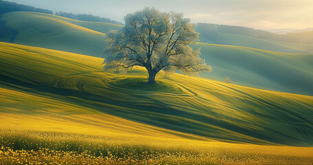 Poster - Landscape of nature, one trees, hills, yellow, green and blue.