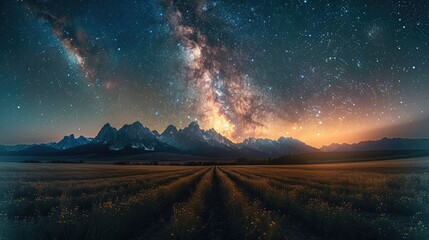 Aufkleber - A field, there is mountains in the background and the milky way galaxy in the night sky.