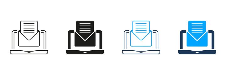 Poster - Laptop With Email Line and Silhouette Icon Set. Receive Digital Letter Pictogram. New Message Symbol. Envelope On Computer Screen Sign. Editable Stroke. Isolated Vector Illustration
