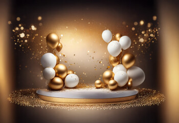 A white platform with a gold ribbon sits on a dark background with a swirling gold and white glitter. Two clusters of white and gold balloons rise up from the sides.