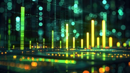 Aufkleber - Trend analysis bar chart, neon yellowish-green bar, Dark futuristic web background.