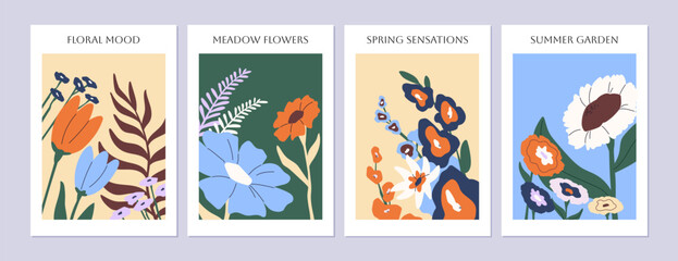 Wall Mural - floral posters set. botanical cards with bouquets of wildflowers. branches of wild blooming plants. 