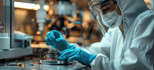 Poster - A person in protective gear, wearing blue gloves and a white coat, is working on parts for an advanced technology medical device on a table.
