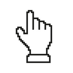 Fototapete - Pixelated Hand Cursor Icon. Pointing Finger Shape in Pixel Art Style. Interactive Pointer Symbol for Digital Navigation. Isolated Vector Illustration