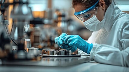 Poster - A person in protective gear, wearing blue gloves and a white coat, is working on parts for an advanced technology medical device on a table.