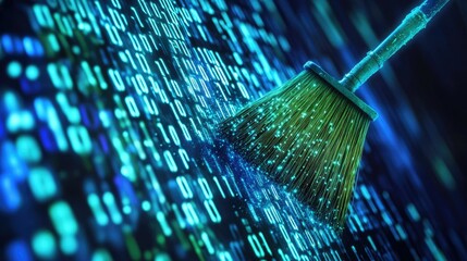 Poster - Broom clearing binary code against a high-tech background, representing data cleansing in digital environments, bright and abstract design