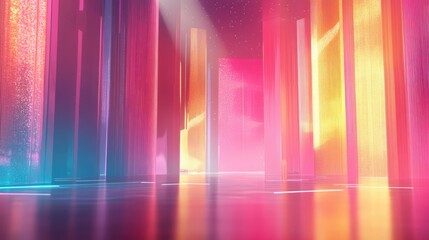 Poster - Colorful stage with glowing lights and abstract shapes, ideal for performance-themed backgrounds with plenty of copy space