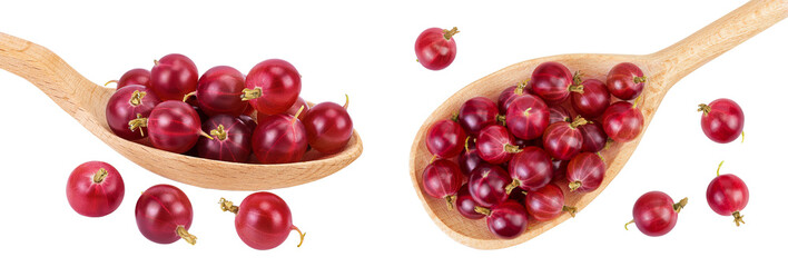 Poster - Red gooseberry in wooden spoon isolated on white background. Top view. Flat lay.