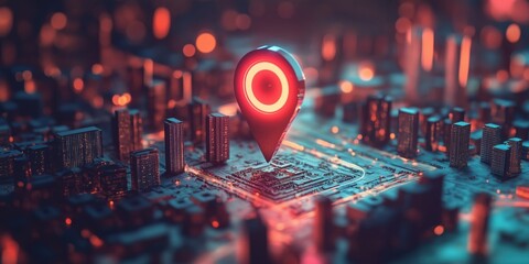 Poster - 3D cityscape with glowing location pin, urban landscape, technology, digital