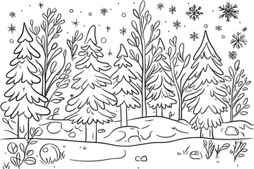 Winter wonderland, coloring page for kids, line art.