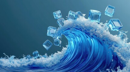 Poster - Realistic Ice Cubes in Lively Wave Composition