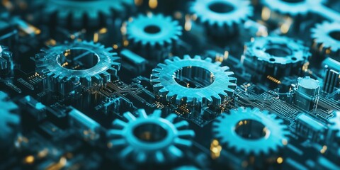 Poster - Gears and circuit board, intricate machinery design, blue tones, technology concept