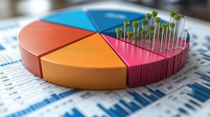 Colorful pie chart on a financial report depicting growth and analysis.