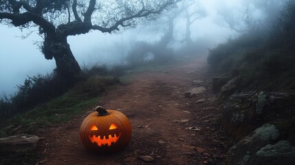 Poster - Carved pumpkin with haunting expression, placed on a dirt path surrounded by mist and spooky trees