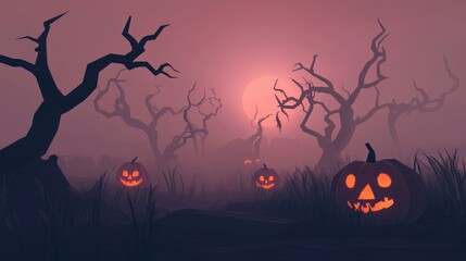 Poster - Dark, spooky landscape with jack-o-lanterns, surrounded by fog and shadows of twisted trees