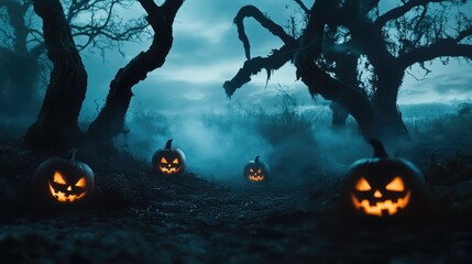 Poster - Dark, spooky landscape with jack-o-lanterns, surrounded by fog and shadows of twisted trees