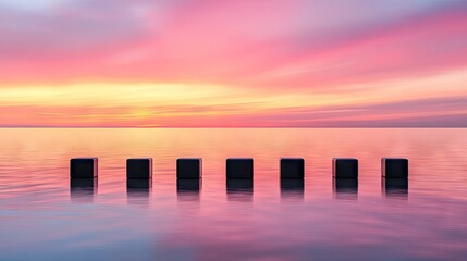 Wall Mural - 3D abstract lineup of companies under a wide-open sky, futuristic, ideal for modern business visuals.