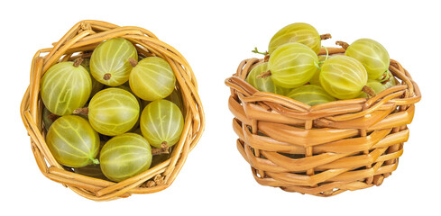 Poster - Green gooseberry in a wicker basket isolated on white background. Top view. Flat lay.