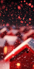 Wall Mural - red houses in snowy winter night with bokeh lights.