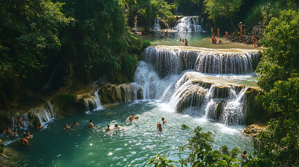 A wide shot of a multi-tiered waterfall flowing into a series of natural swimming pools, with people swimming and relaxing in the cool waters 