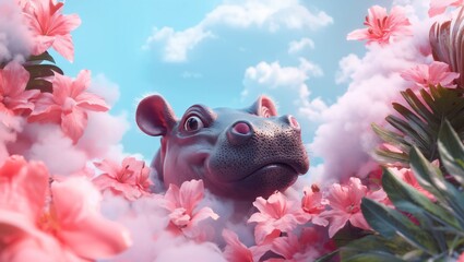 A charming hippo emerges playfully from a vibrant floral paradise, surrounded by fluffy clouds and soft blue skies, evoking joy and tranquility in nature's embrace.