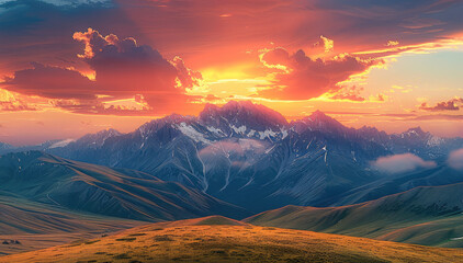 Poster - A mountain range with a sunset sky of red fused with yellow.