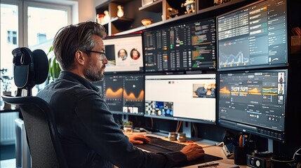 Leinwandbilder - A dedicated social media manager engaged in content creation at a modern workspace, surrounded by multiple screens displaying social media dashboards.
