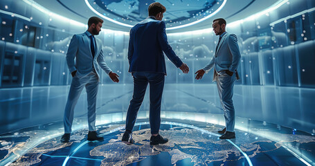 Aufkleber - Business leaders executing a strategic plan in a futuristic boardroom, representing the interconnectedness of the business world.