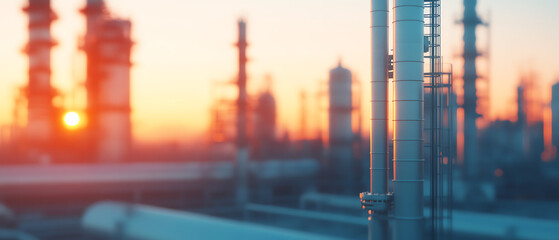 Industrial landscape with tall smokestacks at sunset, showcasing an urban environment with glowing lights and a vibrant sky.