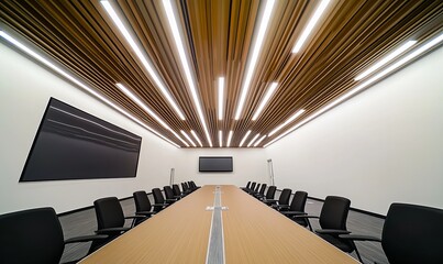 A modern conference room with a long table and chairs, featuring wood paneling on the ceiling and two flat-screen TVs.