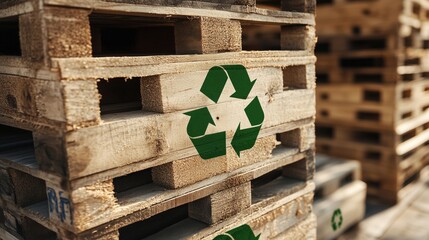 Recycled wooden pallets with green recycling symbol, stacked outdoors