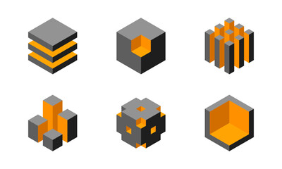 Cube logo, geometric vector design. Box logotype company, trendy tech emblem in pixel style.