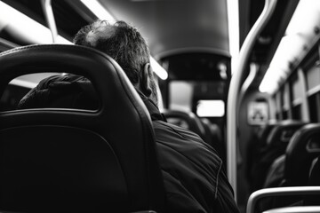 A thoughtful man with glasses and a trimmed beard looks out the window during a bus ride, reflecting on life during a quiet commute.