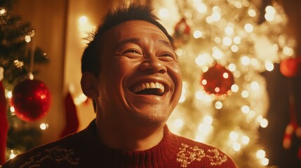 Joyful Middle-Aged Indonesian Man Embracing Christmas Spirit in Cozy Warmth