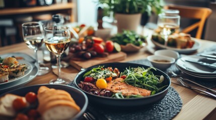 Elegant dining table with gourmet food, fresh salads, wine glasses, and appetizers