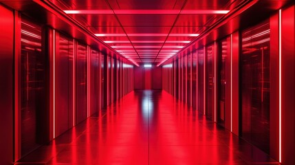 Poster - Red-lit corridor in data center, sleek servers lining walls, futuristic ambiance