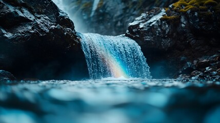 A waterfall creating mist and rainbows as it crashes into a pool below, emphasizing the beauty and strength of natural water flow. 