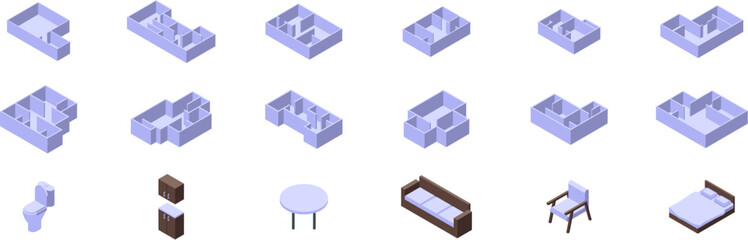 Poster - Floor plan empty rooms icons set. Architectural project showing different isometric views of a house plan with furniture