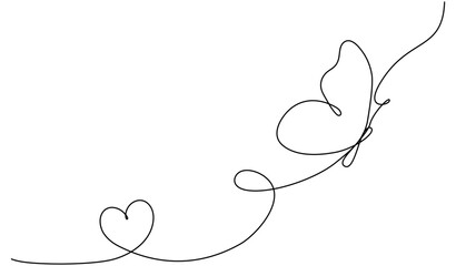 Poster - Butterfly with heart shape continuous line art drawing. Vector illustration isolated on white.