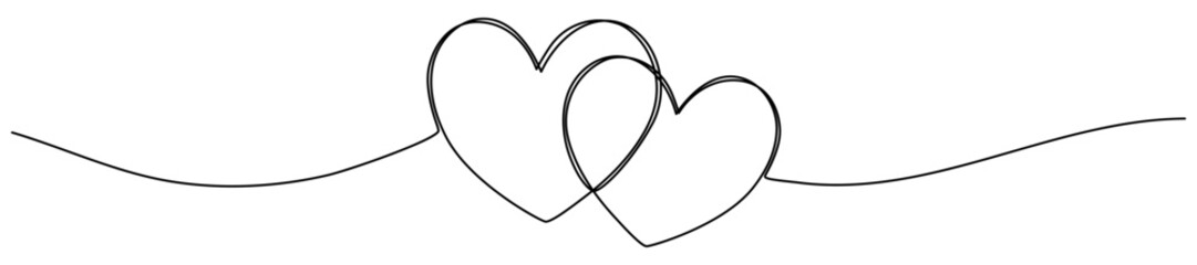Poster - Two hearts continuous line drawing. Double heart wavy line. Vector illustration isolated on white.