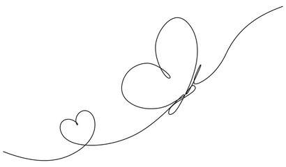 Poster - Butterfly with heart shape continuous line art drawing. Vector illustration isolated on white.