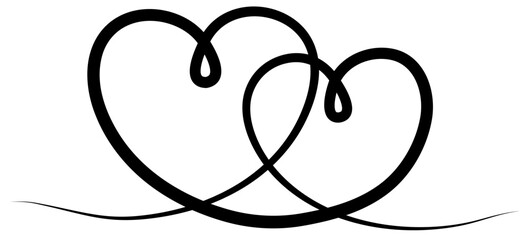 Poster - Two hearts continuous line drawing. Double heart wavy line. Vector illustration isolated on white.