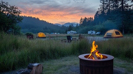 Firepit at a campground during twilight, flames crackling and sending sparks into the air, tents set up nearby with a camper in the distance, tall grass and forest trees surrounding the area,