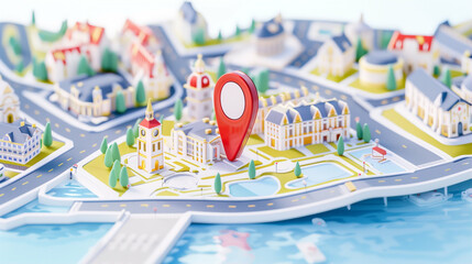 Poster - Map with location pin highlighting a city map creating a vibrant street view in a modern illustrative style