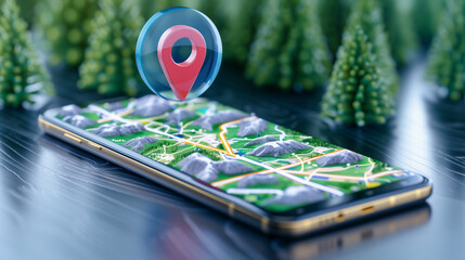 Poster - Smartphone displaying map location marker on forest background in high detail