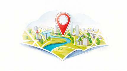 Poster - Map with location pin marking destination on colorful city landscape in 3D style