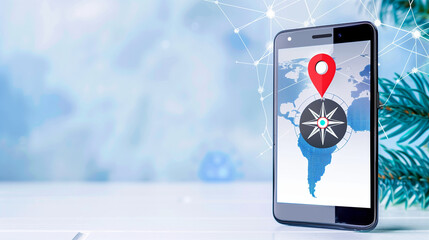 Poster - Smartphone displaying location app with compass and map navigation features for travel and exploration