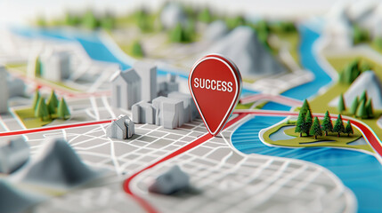 Poster - Map marker indicating success on a colorful map with cityscape and nature elements
