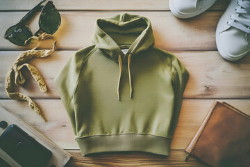 Hoodie Mockup - A casual outfit display featuring a cropped hoodie, sunglasses, shoes, and accessories.